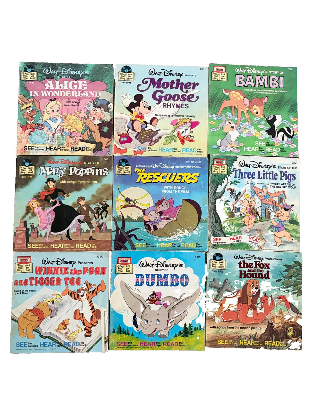 6 Pc Walt Disney Vintage Book Books Set Bambi Dumbo Rescuers Fox 1977 1981 1982